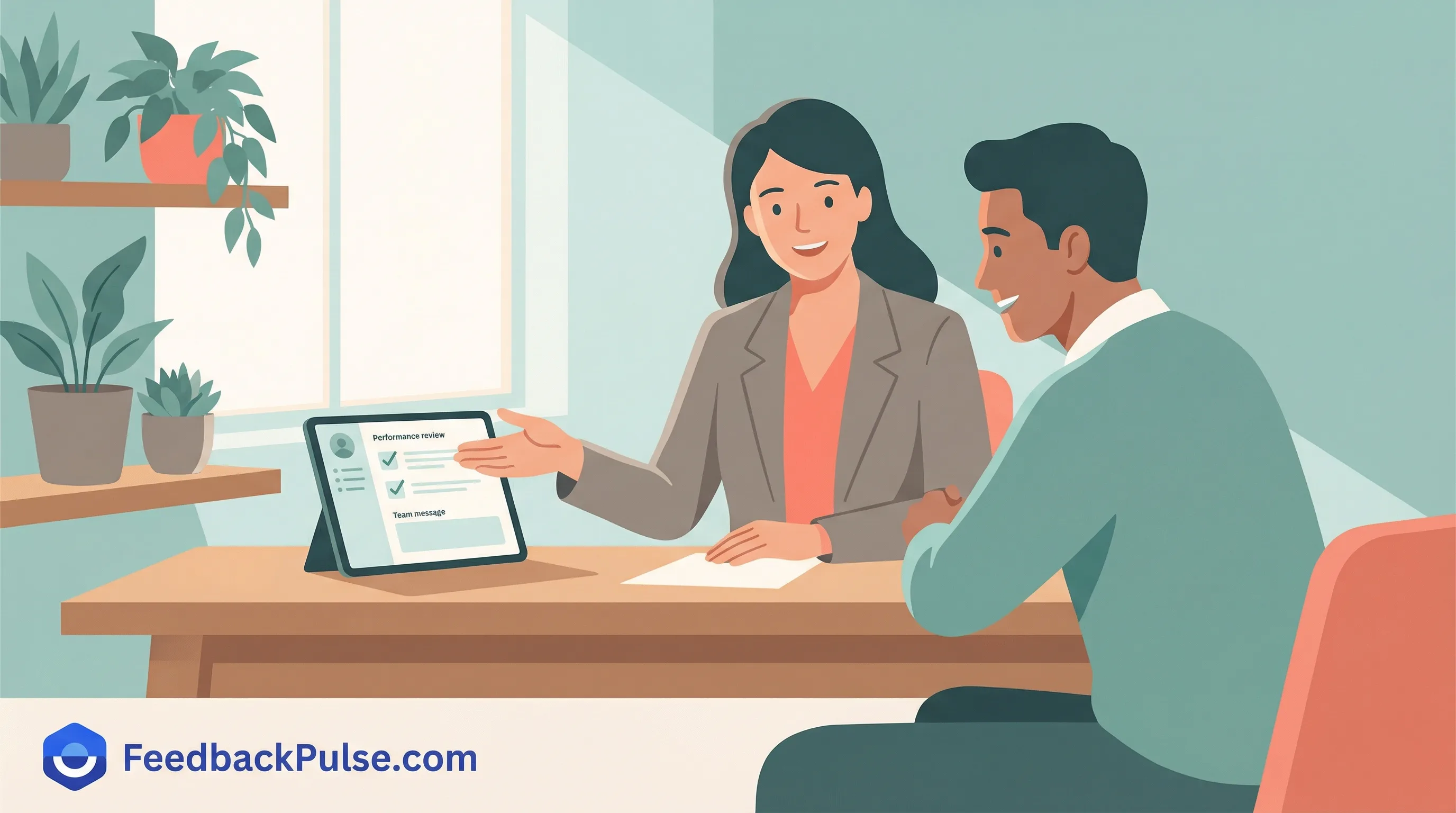 Manager giving constructive negative feedback in a performance review meeting using the SBI framework