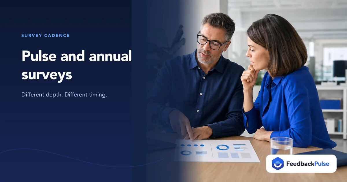 People leaders comparing pulse and annual engagement survey materials