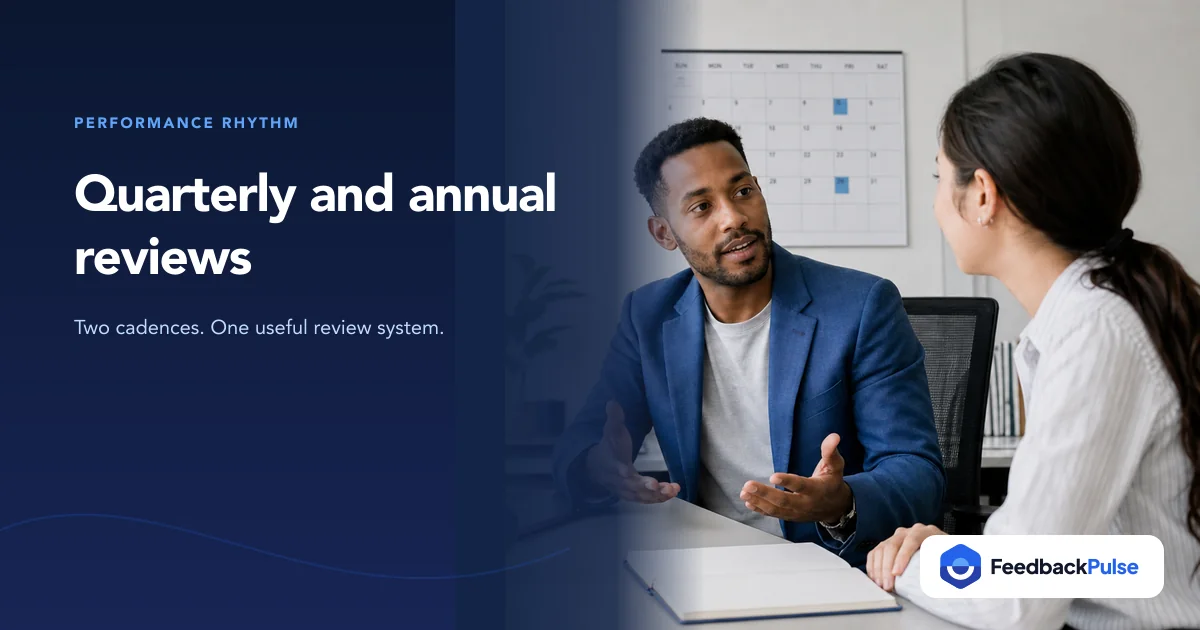 Manager and employee discussing quarterly and annual performance review timing