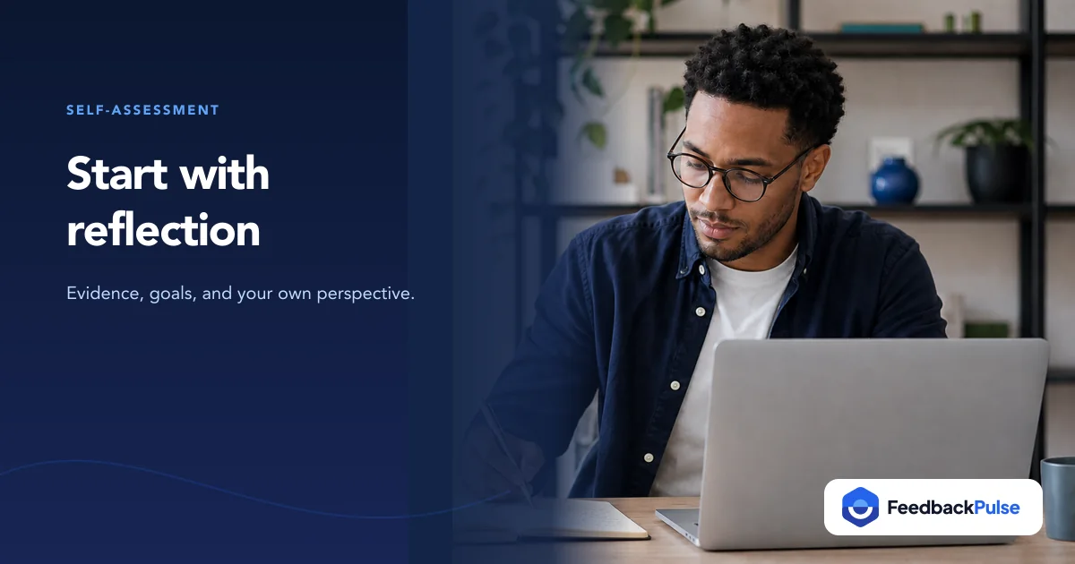 Professional writing a self-assessment beside a laptop and review notes