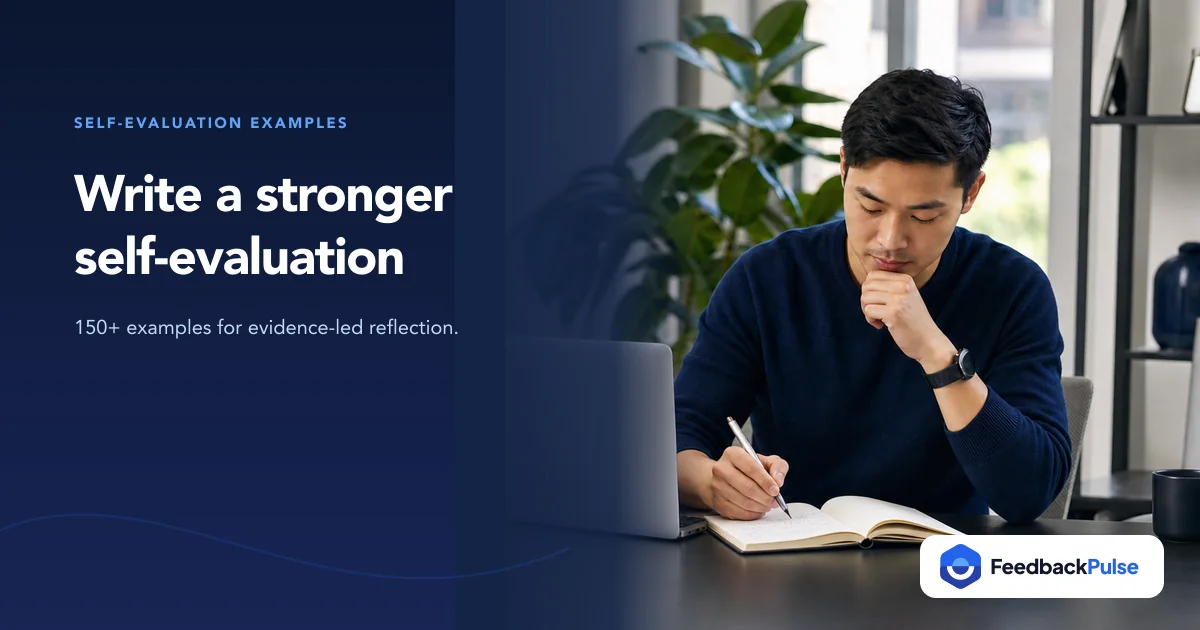 Professional preparing a self-evaluation with written evidence and notes