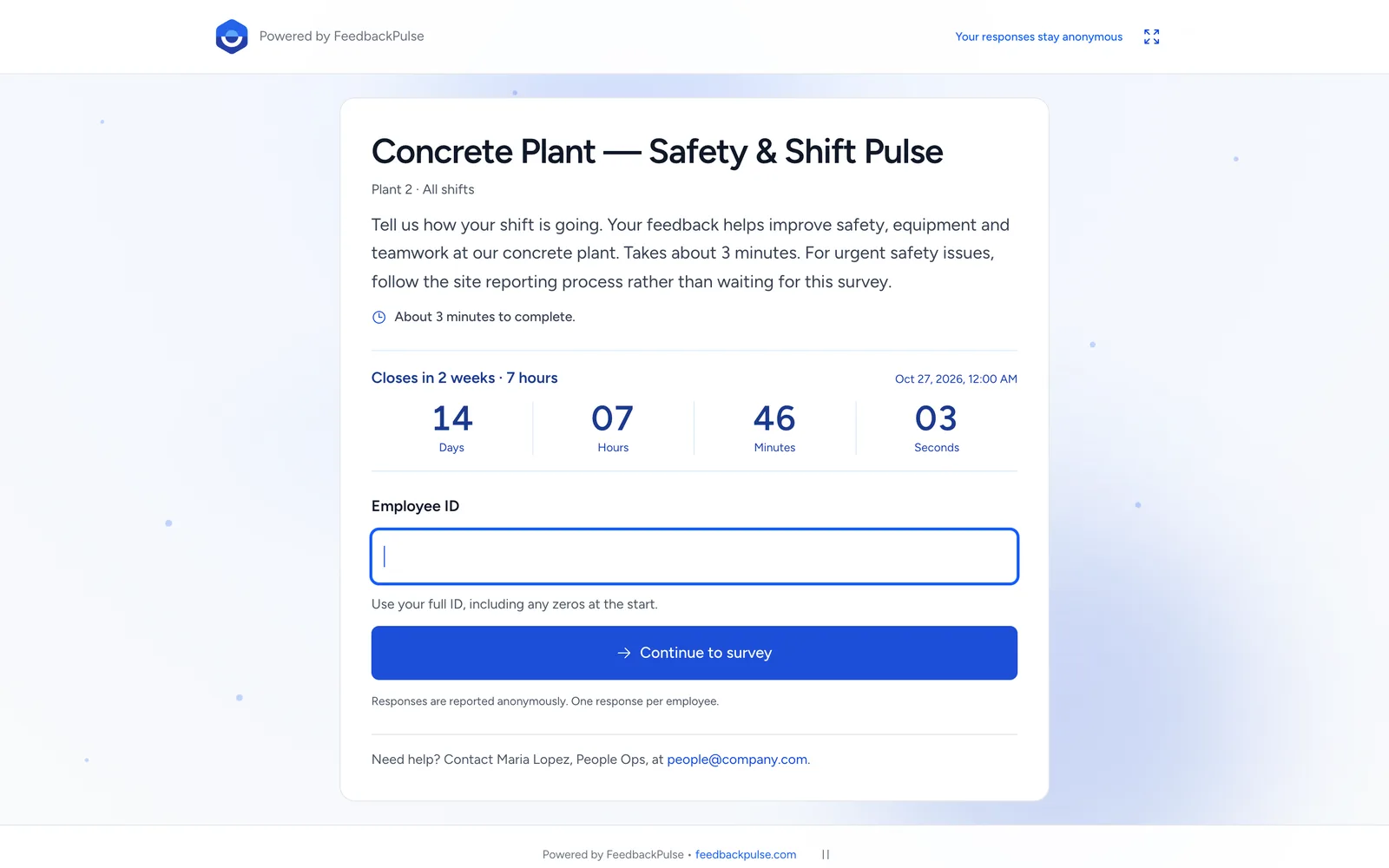 Shared survey check-in page showing the survey title, introduction, estimated completion time, closing countdown, and Employee ID field