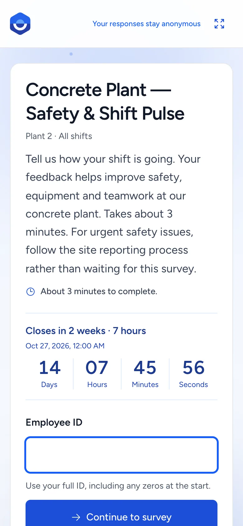 Employee ID check-in for a frontline shift survey on a phone, showing the closing countdown and the Employee ID field