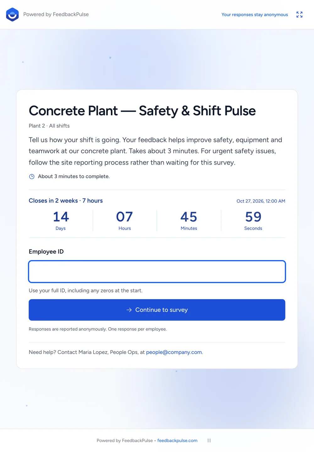 FeedbackPulse shared survey on a tablet showing the survey introduction, a closing countdown, and the Employee ID field