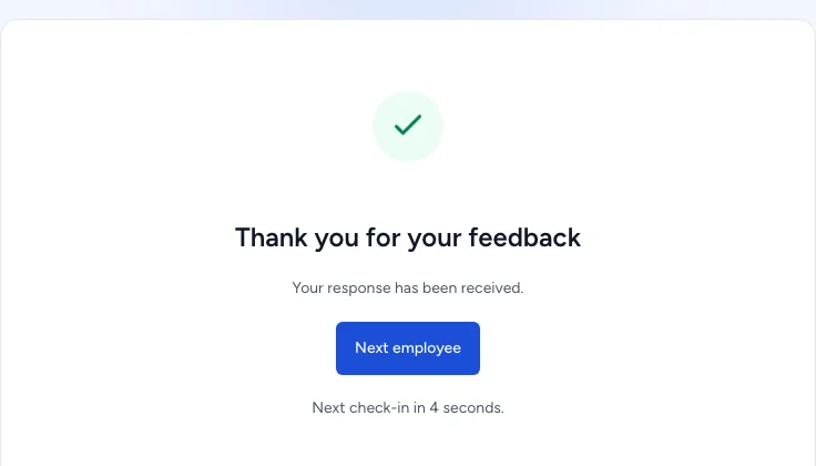 Thank-you screen after a shared survey submission with a Next employee button and a countdown to the next check-in