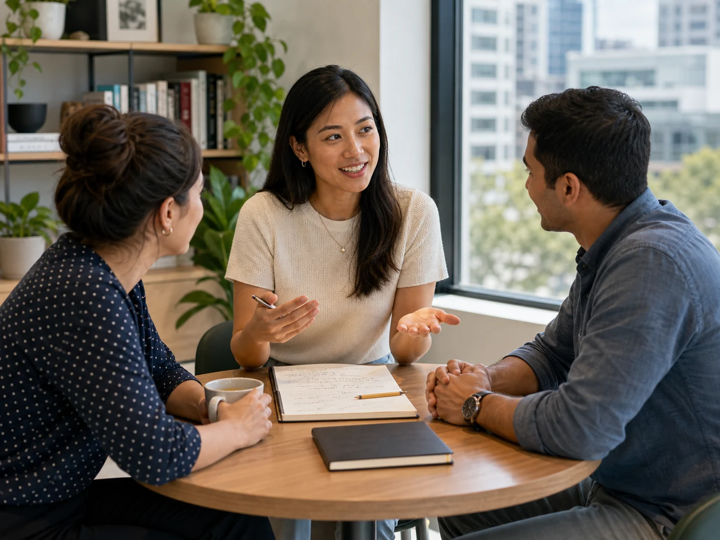 Three colleagues discussing team feedback in an office