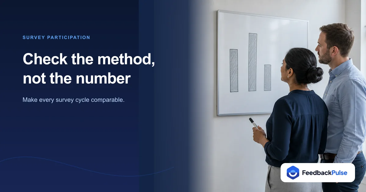 People leader and analyst reviewing three survey participation rate bars on a whiteboard