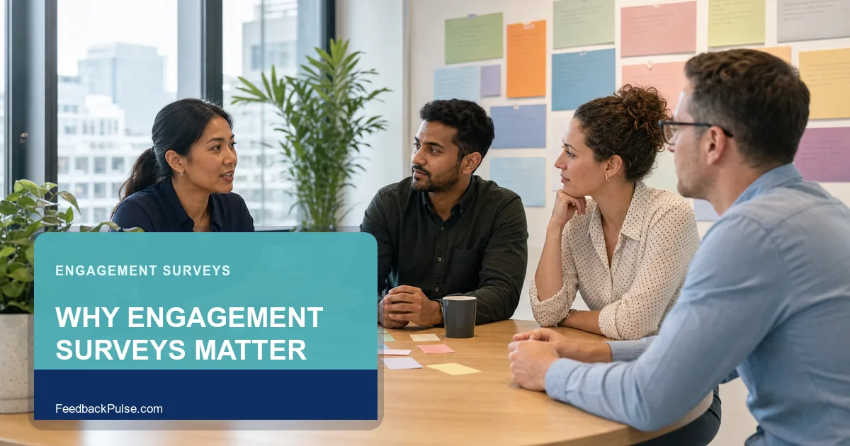 Small team discussing anonymous themes from an employee engagement survey