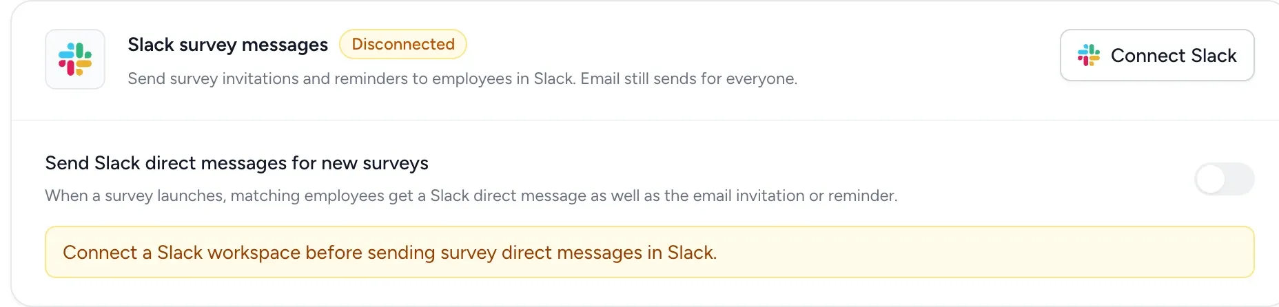 Settings Integrations page showing the Slack survey messages section with the Connect Slack button