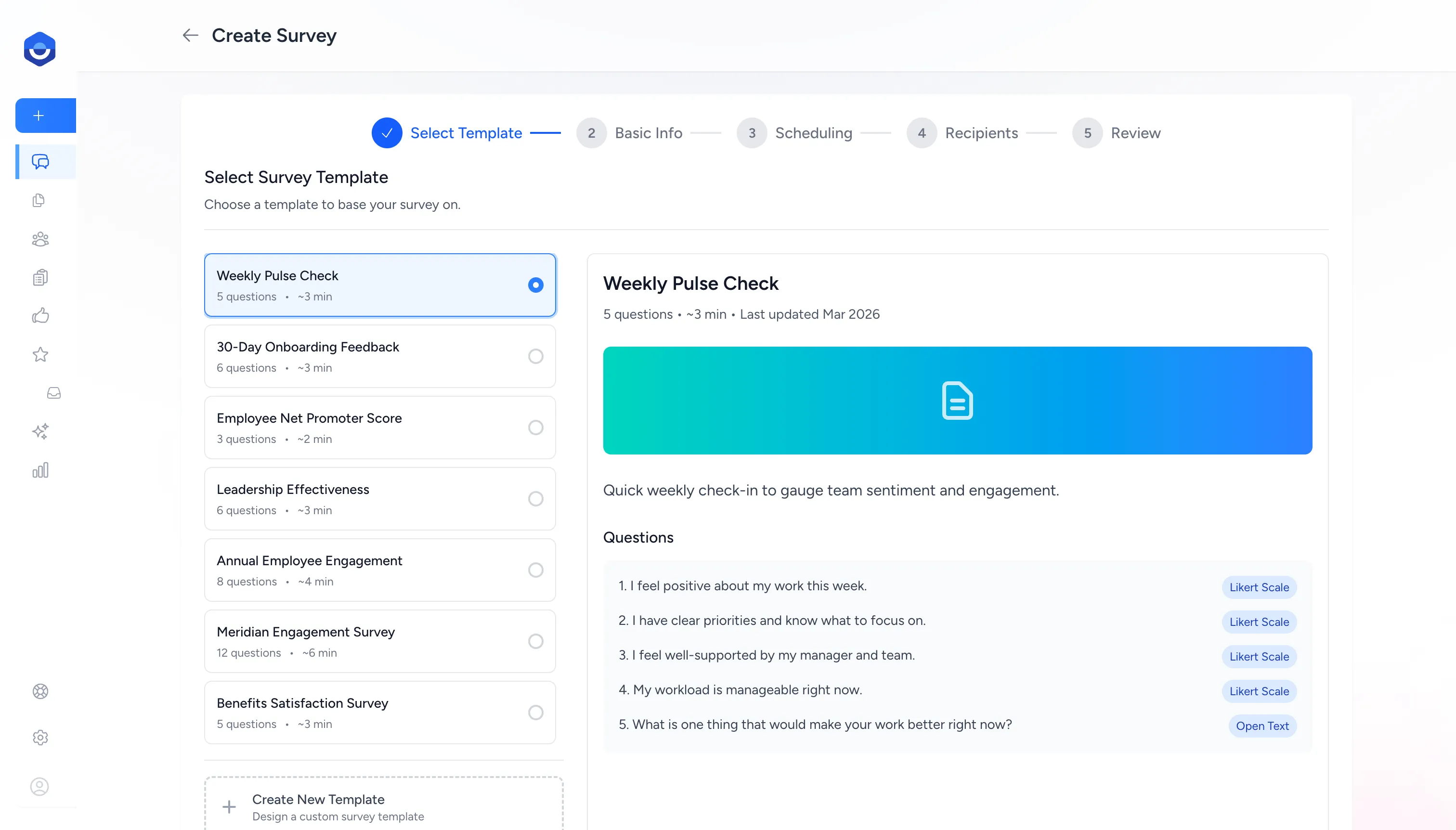 The Create Survey wizard step 1, showing the template list on the left and a question preview on the right