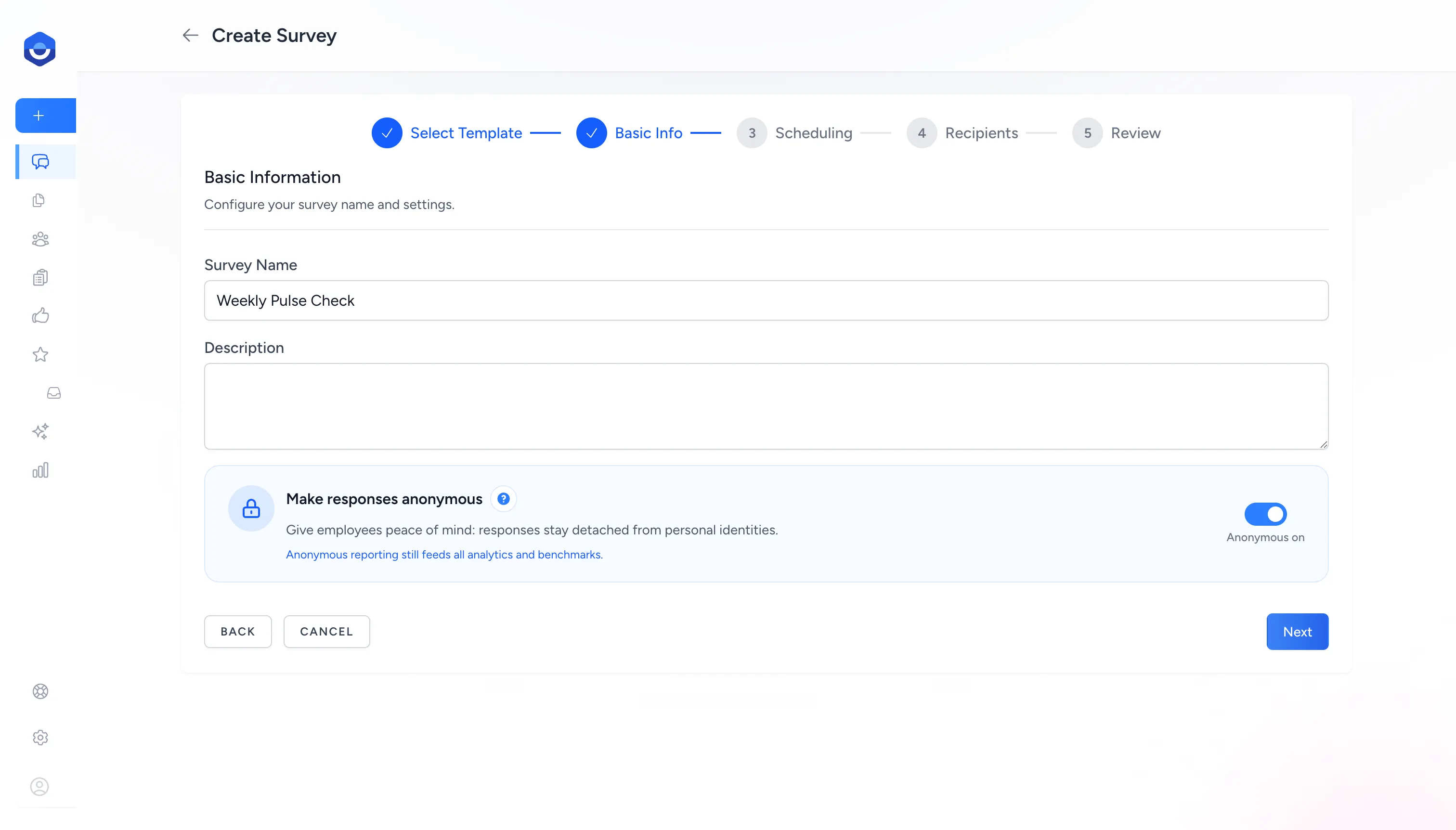 Basic Information step showing the Survey Name field, Description field, and the Make responses anonymous toggle set to on