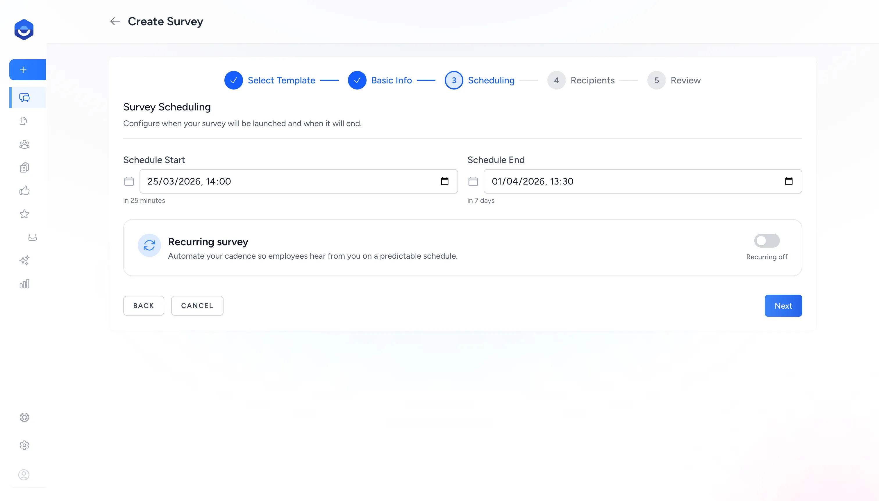 Survey Scheduling step showing Schedule Start and Schedule End date pickers, and the Recurring survey toggle set to off