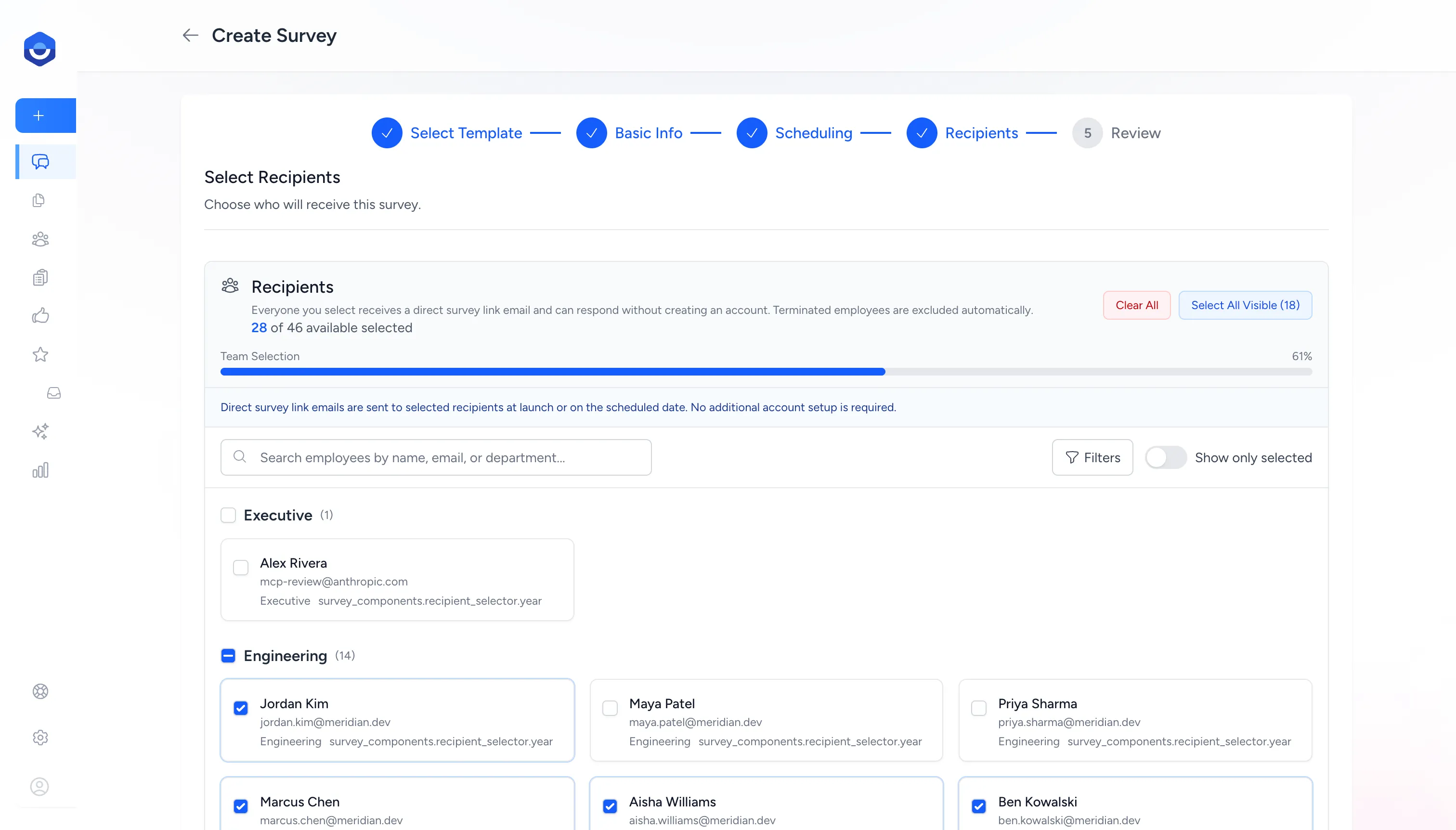 Select Recipients step showing the employee list grouped by department with several recipients checked, and the Select All Visible button