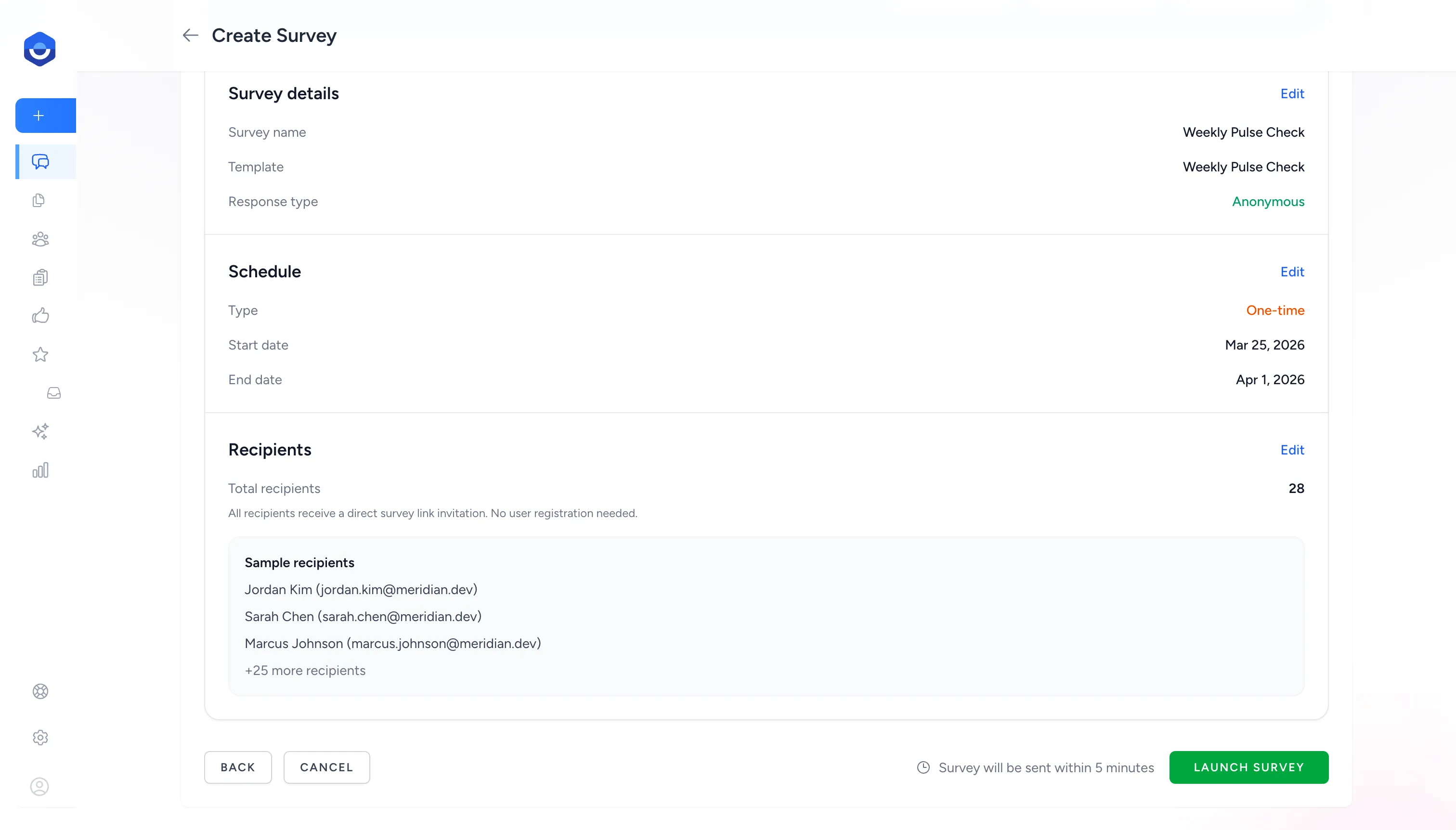 Bottom of the Review step showing the Launch Survey button and a note that the survey will be sent within 5 minutes