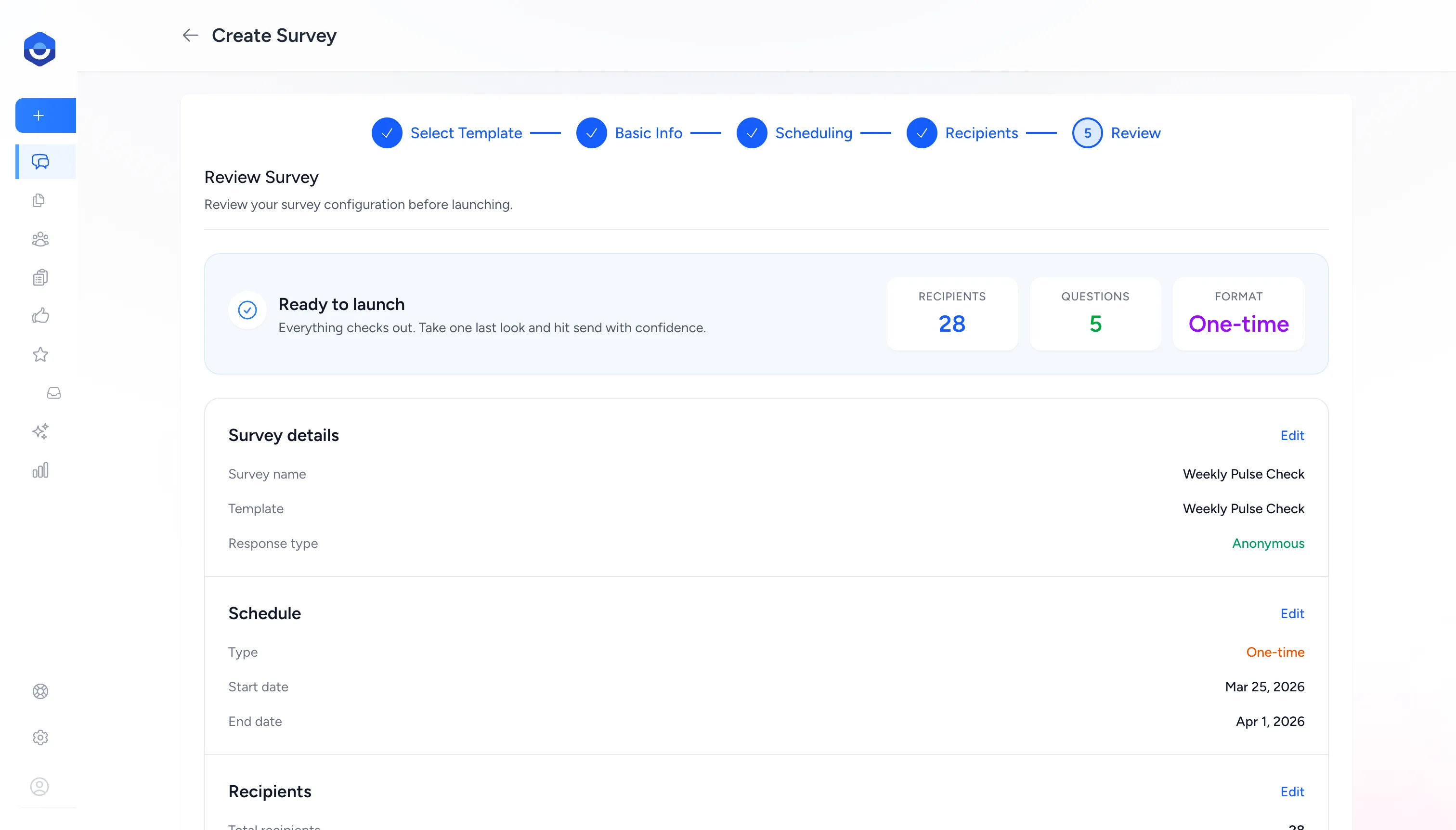 Review Survey step showing the Ready to launch banner, survey details, schedule, and recipient count