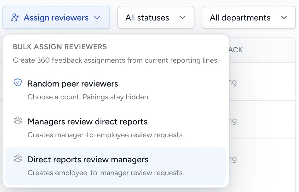 The Assign reviewers button on a review cycle page, expanded to show the Bulk assign reviewers menu with Random peer reviewers, Managers review direct reports, and Direct reports review managers