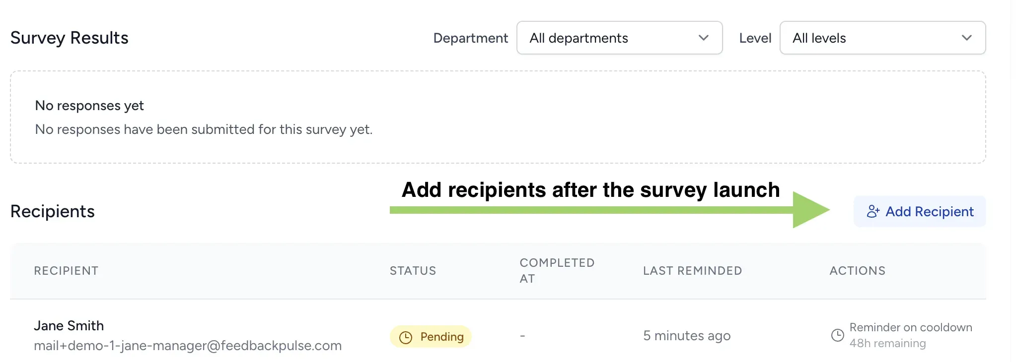 The Recipients section on an active survey, showing the Add Recipient button in the top-right corner